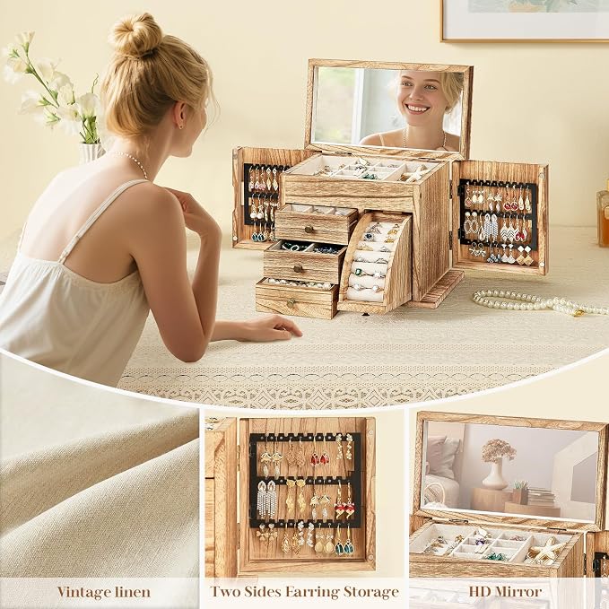 Poyilooo Jewelry Box Organizer, Solid Wood Jewelry Boxes fow Women with Mirror, Double Layer Jewelry Organizer Box Display Earring Necklace Bracelet Ring, Rustic Style Small Jewelry Box for Girls - Image 3
