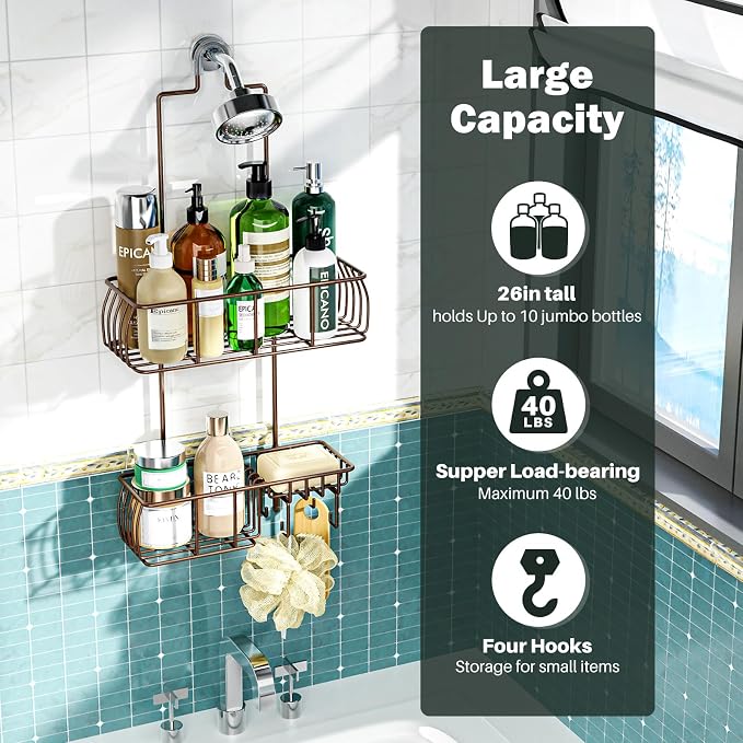 Epicano Shower Caddy Hanging, Anti-Swing Over Head Shower Caddy Rustproof with hooks for Towels, Sponge and more, Bronze - Image 2