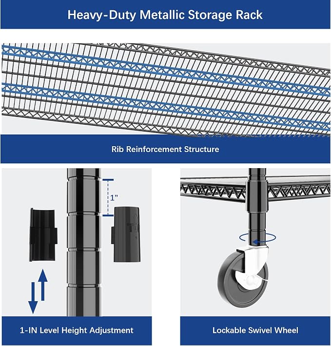 Heavy Duty Shelving, 51.6" H Garage Shelving Unit with Wheels, 3-Tier Garage Storage Shelves Metal Shelves Rack, Adjustable Industrial Shelving for Warehouse Storage, 60" W x 24" D x 51.6" H, Black - Image 4
