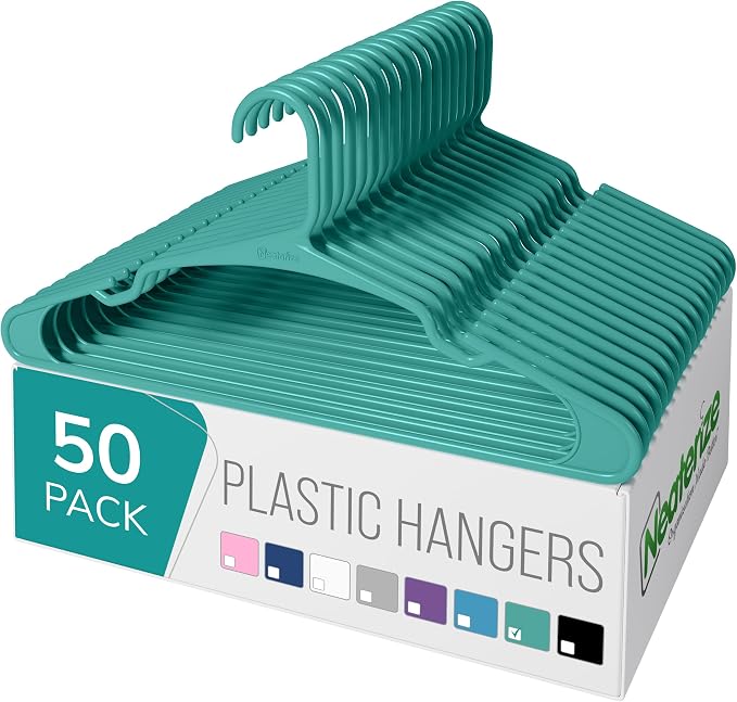 NEATERIZE Clothes Hangers Plastic 50 Pack for Adults - Plastic Hangers, The Perfect Coat Hanger and Space Saving Clothes Hangers for Closet, Percheros Ganchos para Colgar Ropa Hangars - Hangers by Neaterize
