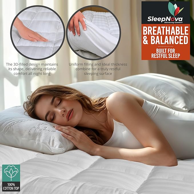 SLEEPNOVA's Cooling Mattress Topper Queen Size Bed – 100% Cotton Pillow Top That Keeps You Cool, Relieves Back Pain & Adds Cloud-Like Comfort with Deep Pocket Fit (8”-21”), Soft & Machine Washable