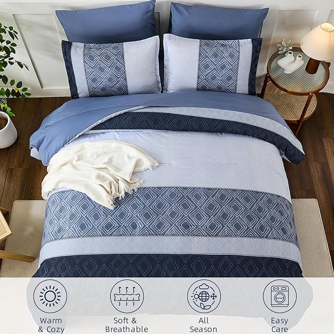 Dinjoy Blue King Size Comforter Set,Striped Boho Bed in a Bag King 7 Pieces Soft Fall Bedding Comforters Microfiber Mineral Blue Complete Sets for All Season