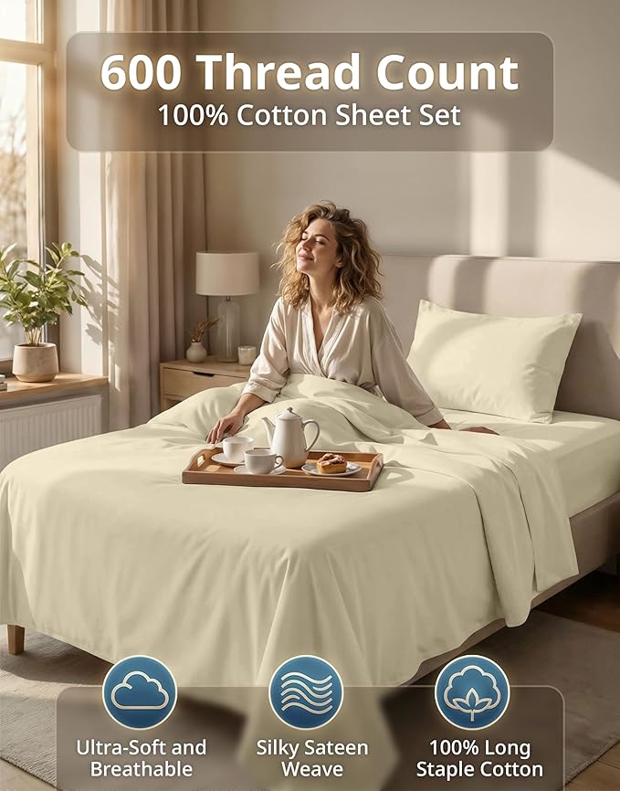 LANE LINEN Twin Bed Sheets Set - 600 Thread Count Premium Sateen Weave - 100% Cotton Luxury Sheets for Single Beds - 15 '' Deep Pocket for Snug Fit to Your Mattress - Oeko Tex Certified - Linen