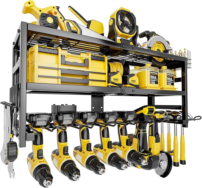 Power Tool Organizer Wall Mount Heavy Duty 320 lbs, 3 Layers Storage Rack with 9 Drill Holders & Battery Storage, cordless tool organizer for Garage, Workshop & Tool Room by Unknown