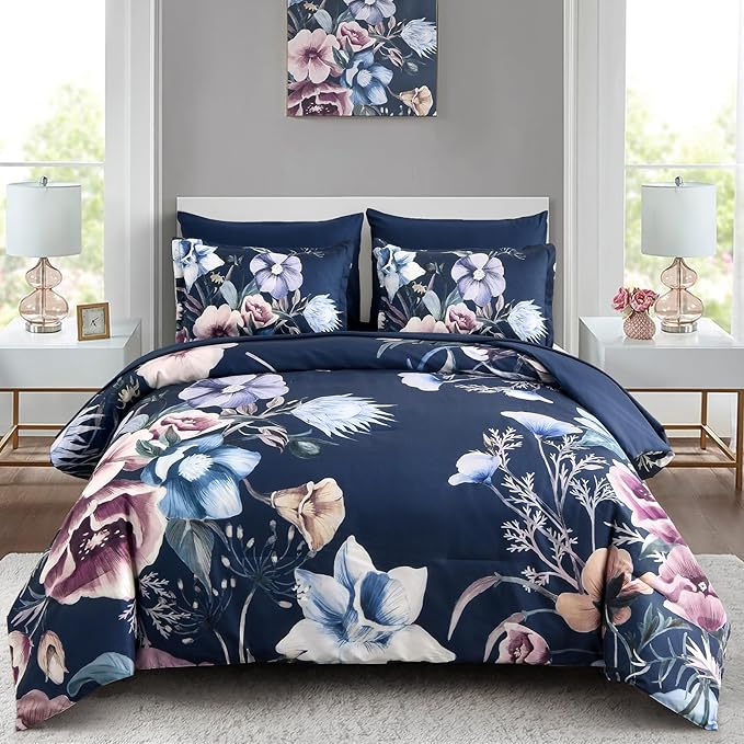 Luxudecor Floral Comforter Set King Size 7 Piece, Navy Flower Bed in a Bag, Elegant Comforter Bedding Set for All Season (Navy, 104"x90")