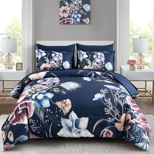 Luxudecor Floral Comforter Set Queen Size 7 Piece, Navy Flower Bed in a Bag, Elegant Floral Comforter with Sheet Set, Soft Microfiber Bedding Set for All Season (Navy, 90"x90")