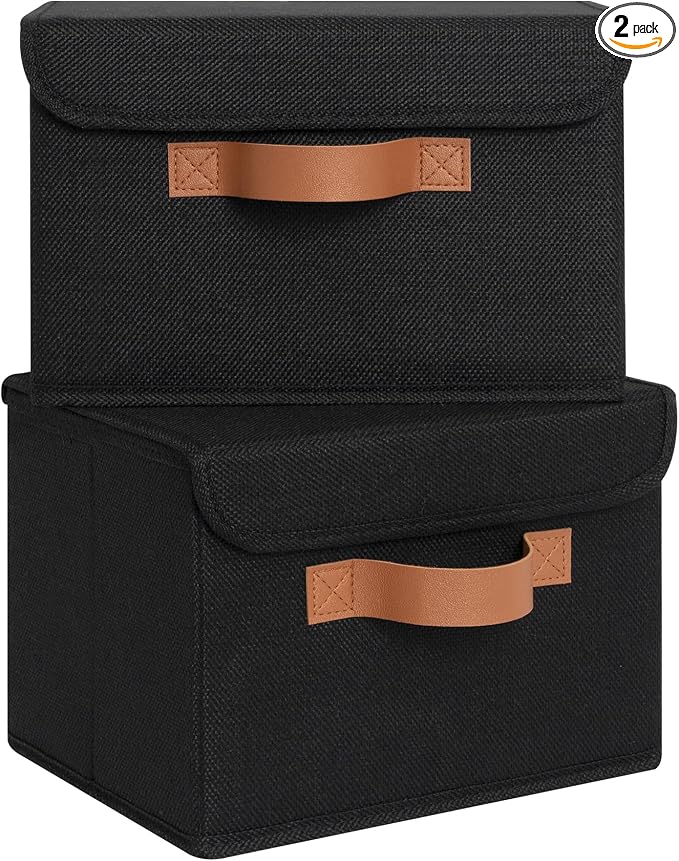 GRANNY SAYS Small Storage Bins with Lids, Small Storage Boxes, Shelf Baskets for Shelf, Collapsible Storage Bins for Living Room, Bedroom, 10x8x7 Inch, Black, 2-Pack by GRANNYSAYS