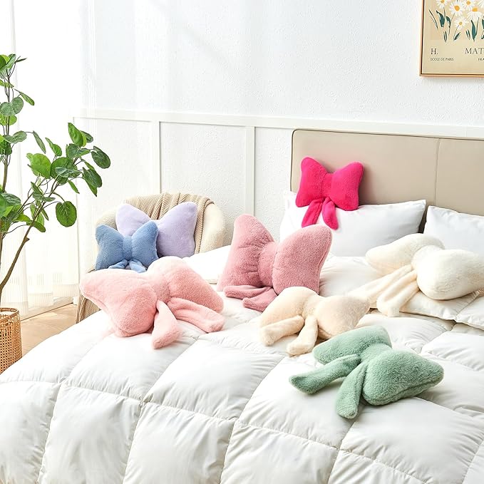 Black Bow Pillow,16'' Bow Decorative Pillows with Faux Rabbit Fur,Soft Bow Throw Pillows Aesthetic Bow Shaped Pillow for Bed Sofa Couch Home Decor