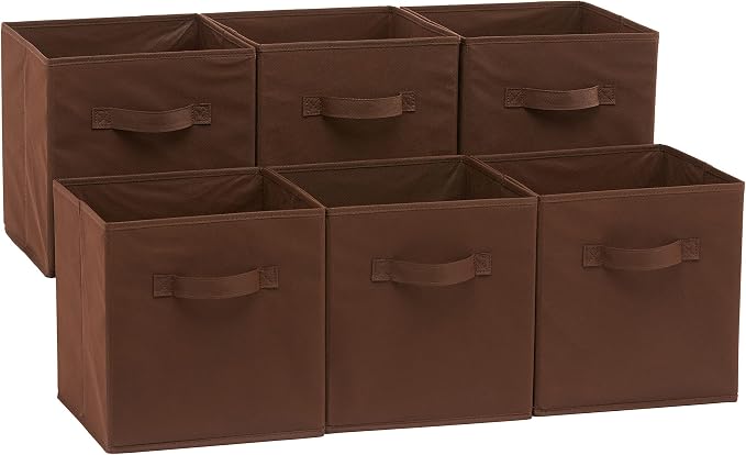 Amazon Basics Collapsible Fabric Storage Bins with Handles, Cube Organizer, Lightweight Fabric, 10.5"x10.5"x11", Brown, 6-Pack by AmazonBasics