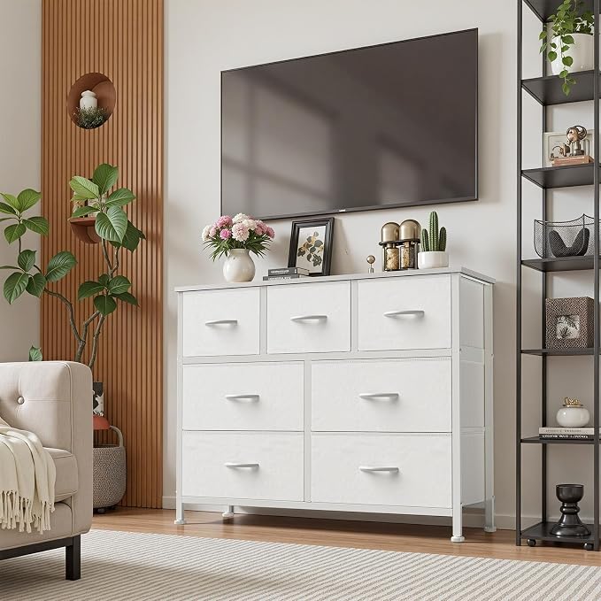 Sweetcrispy 7 Drawer Dresser with Fabric Bins Fabric Storage Tower Organizer for Bedroom Closet Hallway Entryway Tall Chest of Drawers with Steel Frame Wood Top Easy Pull Handles,White - Image 2