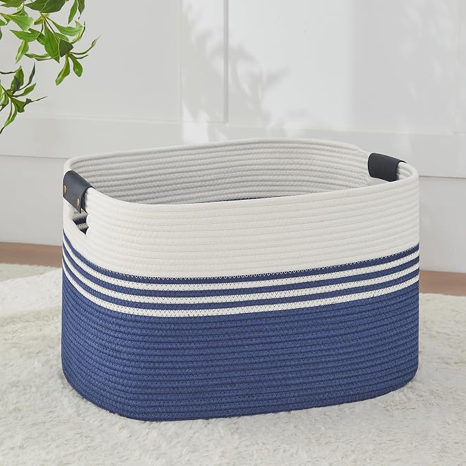 AINUOQI Laundry Basket with Handles - Blanket Basket & Hampers for Bedroom Aesthetic, Laundry Hamper & Blanket Storage for Living Room, Clothes Hamper, Tall, Large 21.7" x 16.9" x 11.8”, Blue by AINUOQI