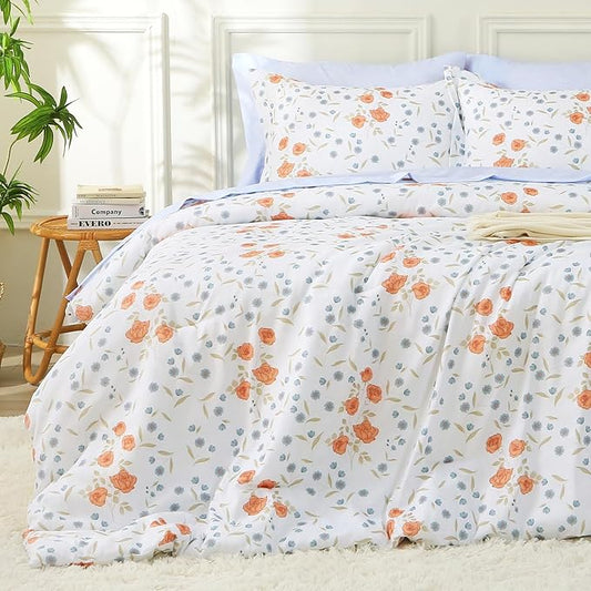 MUXHOMO Orange Blossom Bed in a Bag King 7 Pieces, King Comforter Set Reversible Botanical Flowers Design, Ultra Soft & Breathable Bedding Sets with Comforter, Sheets, Pillowcases & Shams