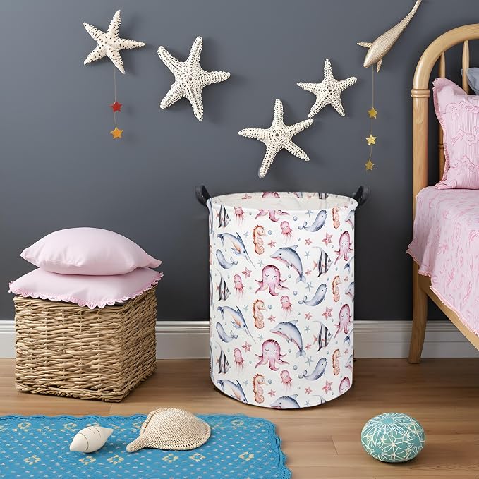 HIYAGON Baby Laundry Basket Baby Hamper for Nursery Girl Kids Ocean Hamper Cute Kids Toys Storage Bin Organizer Pink Room Decor for Home(Pink Ocean) - Image 3