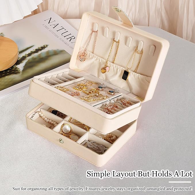 MODENGKONGJIAN Jewelry Organizer Box, 2-Layer Large Jewelry Storage Case, Portable Travel Jewelrys Display Holder for Earrings, Necklaces, Bracelets (Beige, PU Leather) - Image 5