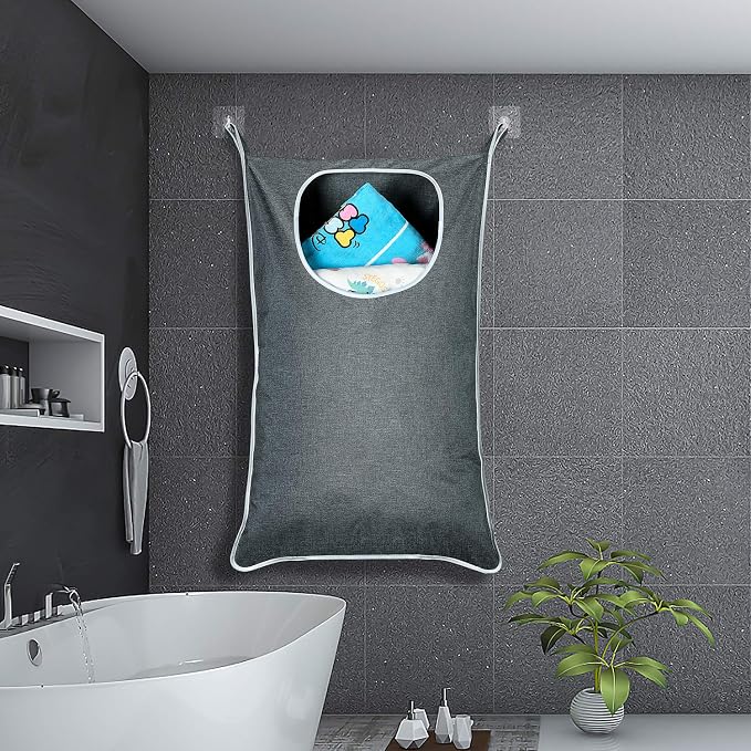 XL Hanging Laundry Hamper, Over the Door Laundry Hamper and Baskets, Wide Opening Hanging Laundry Bag,Hanging Hamper for Bathroom,Dorm,Laundry Room,Chirstmas Gifts（Grey). - Image 2