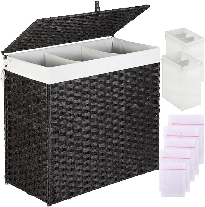 Greenstell Laundry Hamper with Lid, 125L Large Clothes Hamper with 3 Section & 2 Section Removable Liner Bags & 5 Mesh Laundry Bags, Handwoven Synthetic Rattan Divided Laundry Basket, Black by Greenstell