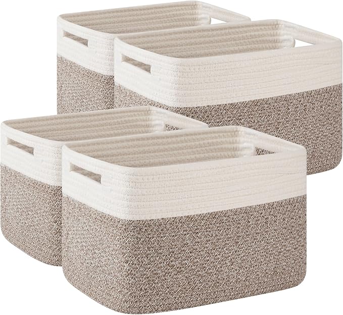 OIAHOMY 4 Pack Storage Baskets for Organizing, Basket for Shelves with Handle, Woven Baskets for Storage Toys, Towels, Books, Cotton Rope Basket 13" L x 9 " W x 7.8 " H, Deep Brown & White by MasterofSpaceOptimization