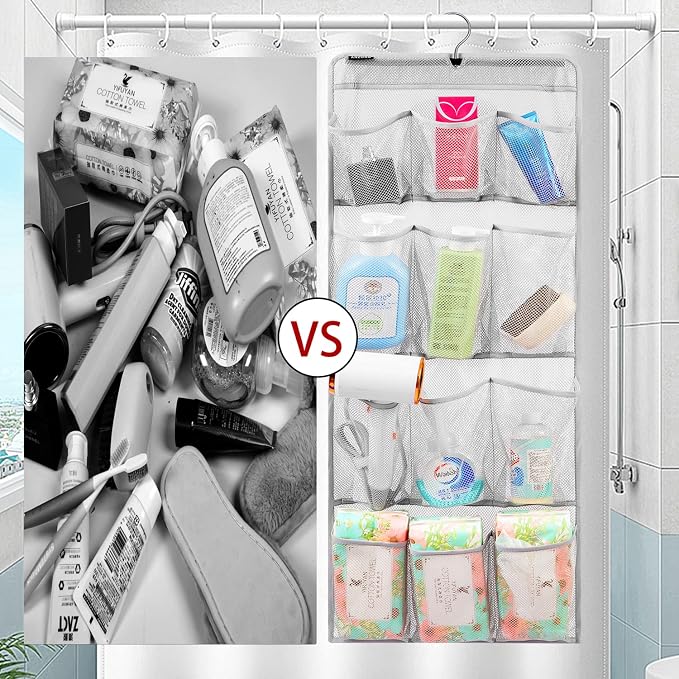 Mesh Shower Organizer Hanging Caddy Quick Dry Bathroom Storage for Toiletry Accessories with Rotating Hanger (12 Pockets) - Image 3