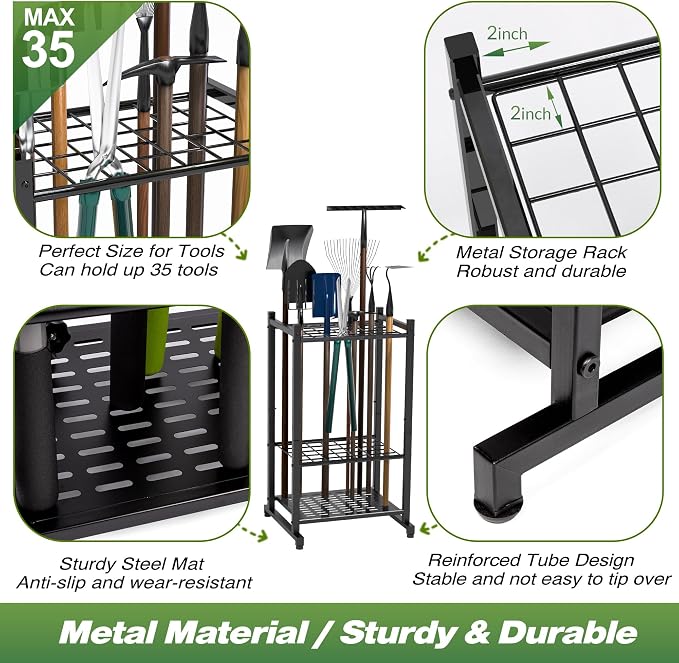 Garden Tool Organizer, Yard Tool Tower Rack for Garage Organization and Storage, Up to 35 Long-Handled Tools/Rakes/Brooms, Heavy Duty Steel Garden Tool Stand for Shed, Outdoor, Black - Image 3
