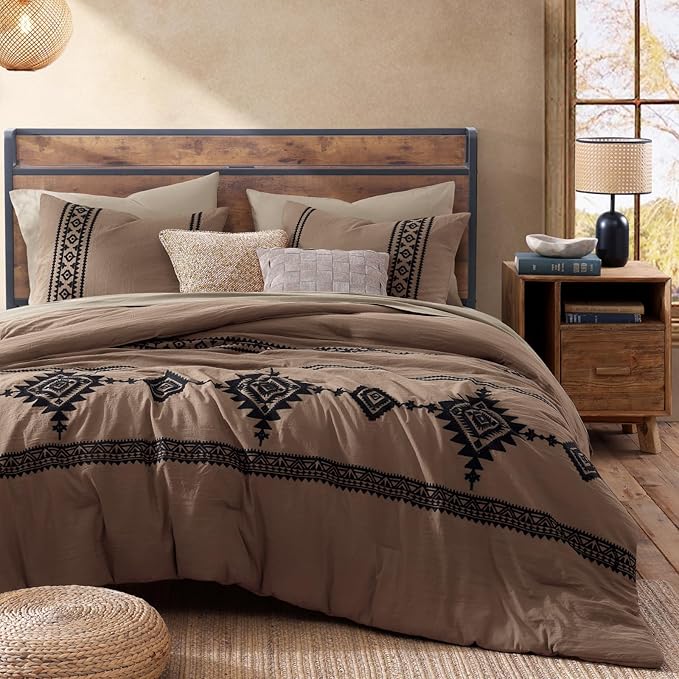 MaiRêve Embroidery Comforter Set, Boho Farmhouse Western Bedding Set, All Season Bed in A Bag Comforter Set with Sheets, Pillowcases & Shams, Brown Queen 7 Pieces