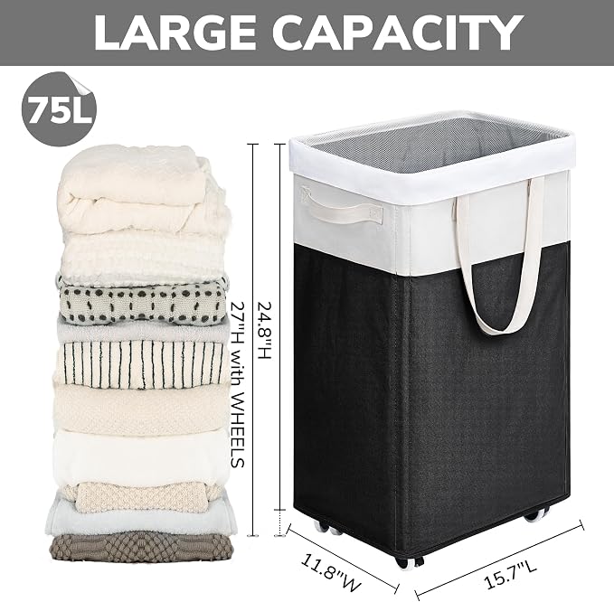 Goodpick Hamper with Wheels 75L 2-Pack, Tall Laundry Basket with Removable Wash Bags, Rolling Black Laundry Hamper for Corner Dorm, Large Collapsible Laundry Baskets - Image 3