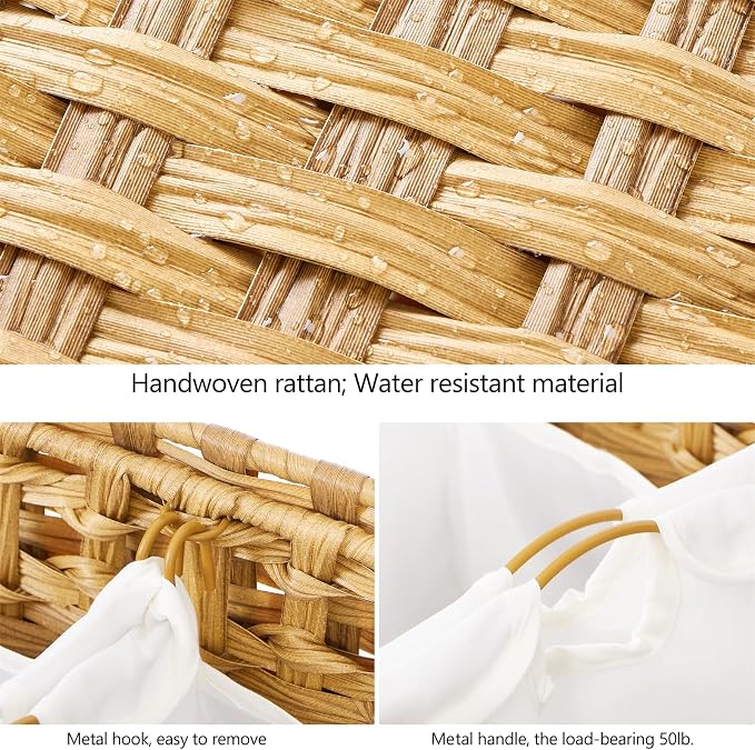 Laundry Hamper with 3 Removable Liner Bags; 132L Handwoven Rattan Laundry Basket with Lid & Heightened Feet; Clothes Hamper with Side Handles; Laundry Sorter with 3 Separate Sections - Image 6