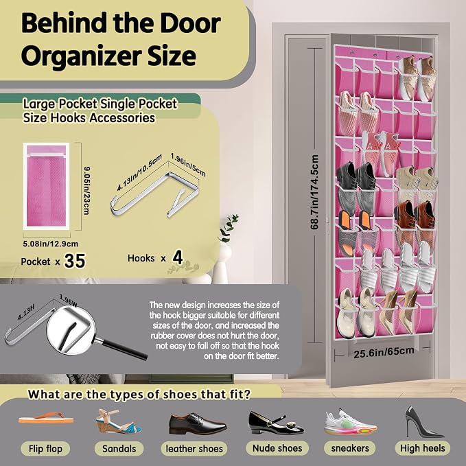 PAULONE 35 Pocket Over the Door Shoe Organizer,Reusable Breathable Large Mesh Bag Men's & Women's Sneaker Organizer,Shoe Organizer for Kids,Hanging Shoe Storage Hanging Bag (Pink) - Image 3