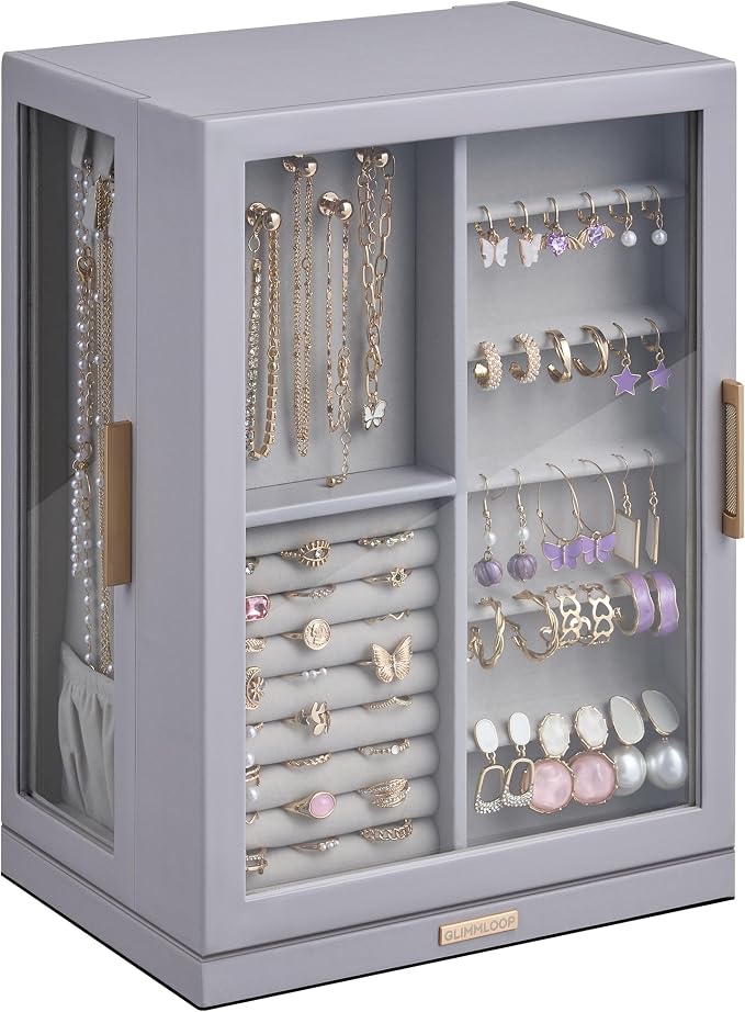 Glimmloop 360° Rotating Jewelry Box with 7 Drawers, Spacious Vertical Jewelry Organizer with Glass Window, Jewelry Storage Case, Dustproof & Moisture-resistant Design, Grey by Glimmloop