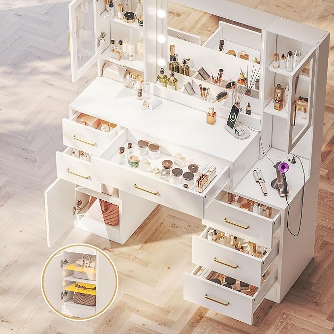 UGTOO Makeup Vanity Desk with Mirror and Lights, 51.2" Makeup Vanity with Lights & Charging Station, Dressing Table Vanity Set for Bedroom, White Vanity Table with 6 Drawers and 3 Cabinet