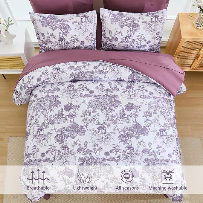 DJY Purple Comforter Set King, 7 Pieces Dark Purple Botanical Comforters King Size Elegant Plants Print with Sheets Bed in a Bag Soft Microfiber Reversible Complete Bedding Sets for All Season