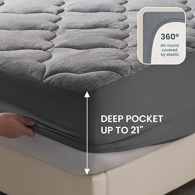 SLEEP ZONE Jersey Knit Mattress Pad, Cal King Mattress Topper, Pillow Top Mattress Cover, Plush Fitted Mattress Protector Machine Washable (California King, Grey)
