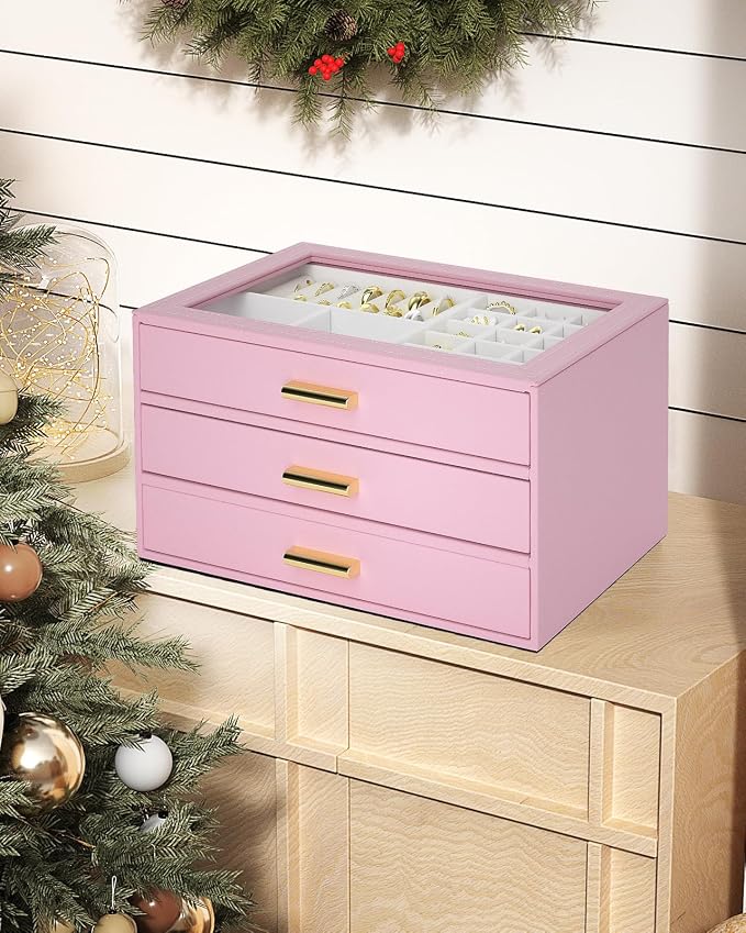 AKOZLIN Jewelry Box with Clear Lid Functional Leather Jewelry Storage Organizer Case 3 Drawers for Women Girls Necklace Ring Bracelet Earring - Image 7