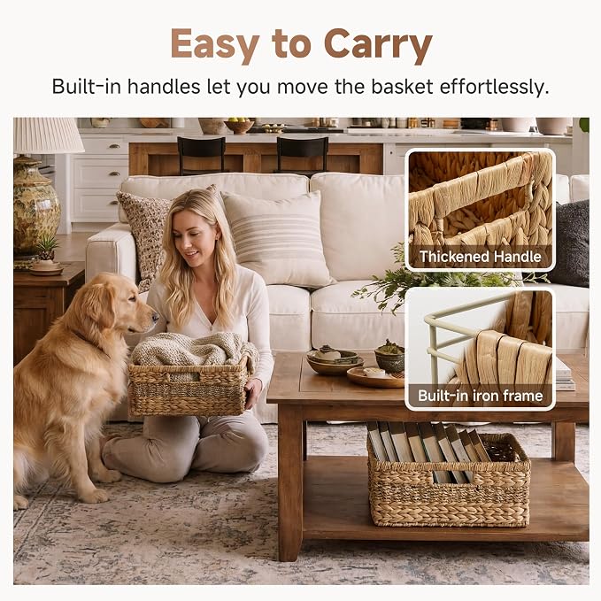 StorageWorks Large Rectangular Wicker Basket, Water Hyacinth and Seagrass Storage Basket with Built-in Handles, 1 Pack - Image 4