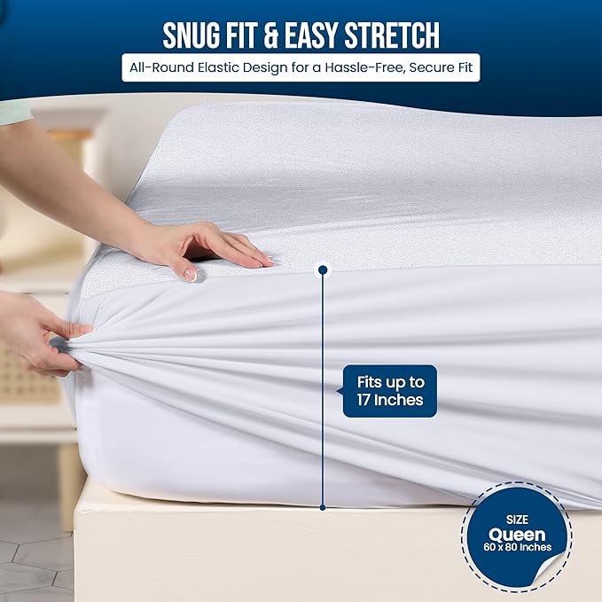Queen Size Mattress Protector Waterproof, Premium 200 GSM Terry Mattress Cover, Soft & Breathable Bed Cover, Fitted Sheet Style Stretchable Deep Pockets 17" by Utopia Bedding (White)