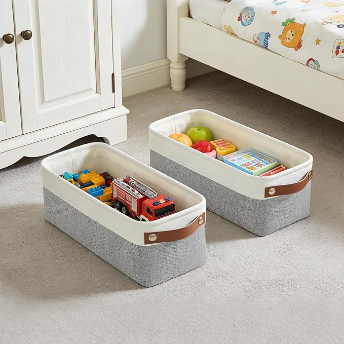 Bagnizer Small Fabric Storage Baskets, 15x6x5 inch Narrow Storage Bins 4-Pack Long Storage Basket for Organizing with Handles, Decorative Basket for Closets, Shelves, Toilet Paper, Grey - Image 3