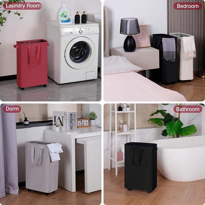 efluky Slim Laundry Hamper with Wheels, Rolling Laundry Basket for Clothes, Small Laundry Basket for Bedroom, Dorm and Laundry Room, 60L (12.7 Gallons) Burgundy Red - Image 6