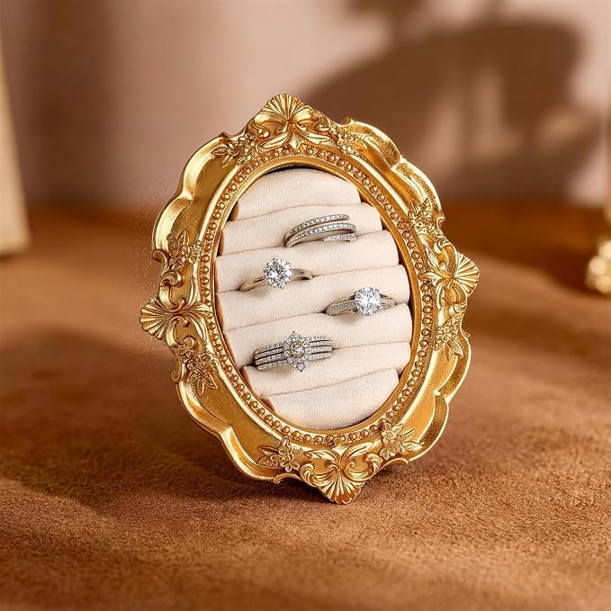 Vintage Ring Holder Rectangle Gold Velvet Display Stand - Baroque Jewelry Organizer Box Tray for Wedding Engagement Anniversary Women Birthday Christmas Gift Photograph Prop (MPF05-White) by GELVTIC
