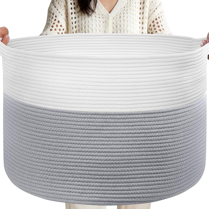 XXXL Large Laundry Basket, 105L Soft Cotton Rope Basket, Blanket Storage and Organizers, Baby Nursery Laundry Hamper, Extra Large Toys Storage Bins for Kids 23.6'' x 14.6'', White & Gray by Unknown