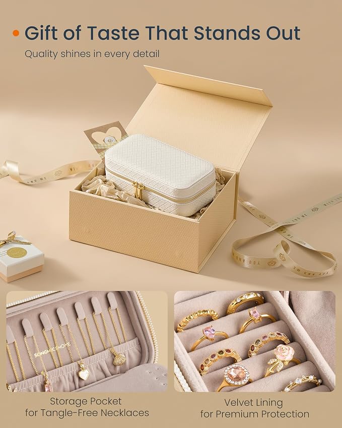 SONGMICS HOME Travel Jewelry Case, Jewelry Organizer Box with Mirror, Jewelry Pouch, Woven Embossed PU Leather, Portable Jewelry Storage, Gift Idea, Cloud White UJBC197W01 - Image 6