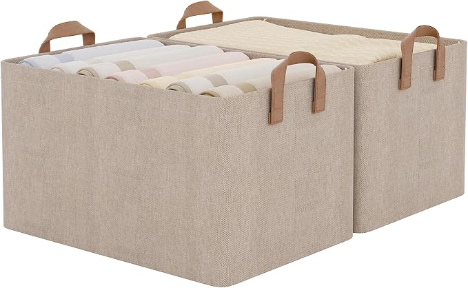 StorageWorks Storage Bins, Fabric Storage Bins for Shelves, Extra Large Storage Baskets with Metal Frame, Closet Baskets and Bins with Handles, Jumbo, Brown and Beige, 2-Pack by StorageWorks