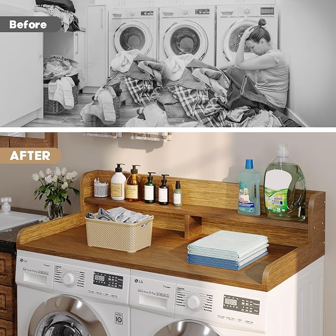 2-Tier Washer Dryer Countertop with 2.75"H Edge Rails, 54" W x 27.55" D Laundry Countertop for Folding Clothes, Washer and Dryer Topper with Non-Slip Pad (Brown) - Image 6