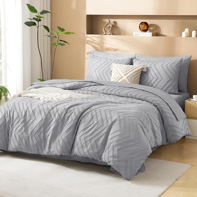 Litanika Light Grey Queen Size Comforter Set with Sheets - 7 Pieces Bed in a Bag Queen Boho Tufted Complete Bedding Sets with Comforter, Sheets, Pillowcases & Shams