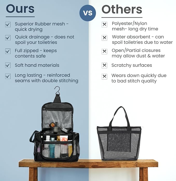 The Fine Living Portable Latex Mesh Shower Caddy Tote Bag, Gym Shower Caddy Hanging Organizer with Metal Hook, Dorm Room Essentials, Travel Toiletries, Camping RV Essentials, Black 12”x3”x8” - Image 6
