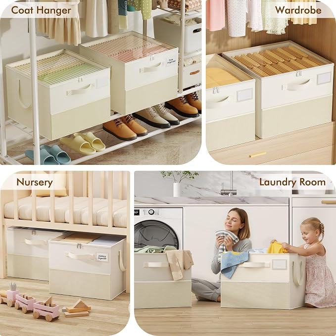 NestOrganix 2 Pack Shoe Organizer for Closet, Large Shoe Box Storage Containers, Foldable Shoe Storage Organizer Box Bin with Adjustable Dividers and Clear Cover, Space Saving Shoes Holder, Beige - Image 3