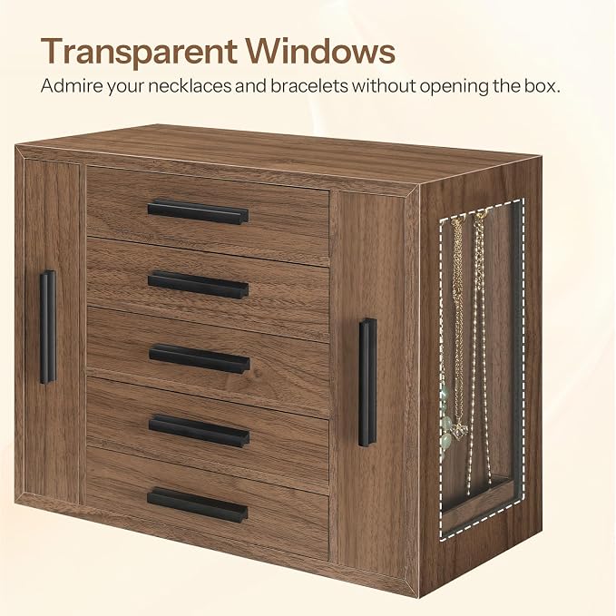HOOBRO 5-Tier Jewelry Box, Wooden Jewelry Organizer with Transparent Windows, Jewelry Storage Box with 2 Vertical Drawers, for Earring, Necklace, Bracelet, Ring, Watch, Walnut and Black BH19JB04 - Image 7
