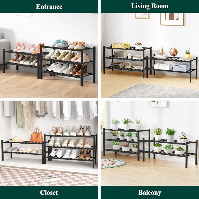 Smiry Bamboo Shoe Rack for Closet, 4 Tier Wooden Stackable Shoe Organizer, Free Standing Shoes Storage Shelf for Entryway, Front Door Entrance, Black - Image 7
