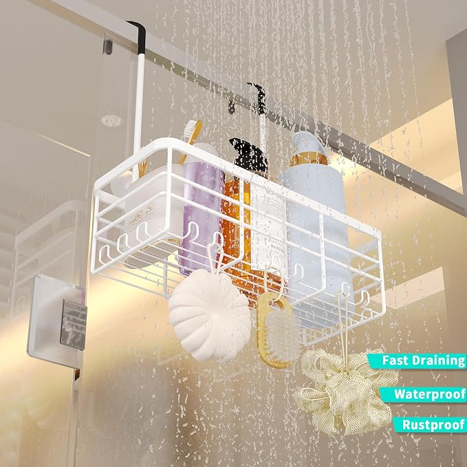 HapiRm Hanging Shower Caddy Organizer - No Drilling Shower Organizer with Hooks, Rustproof & Waterproof 304 Stainless Steel Bathroom Shelves - White (1 Basket) - Image 6