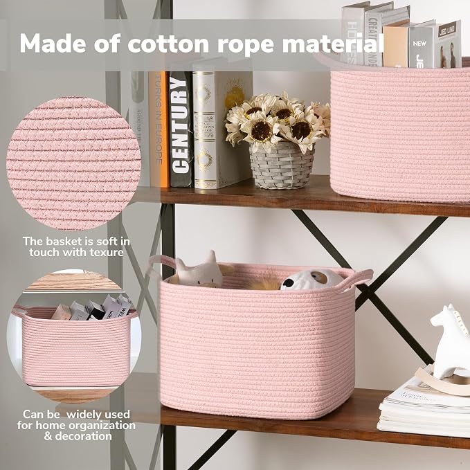 Goodpick Pink Storage Baskets for Organizing, Woven Rope Baskets for Shelves, Baby Basket for Nursery, Toy Storage Bins, Decorative Empty Gift Basket, 13" x 10" x 9" - Image 4
