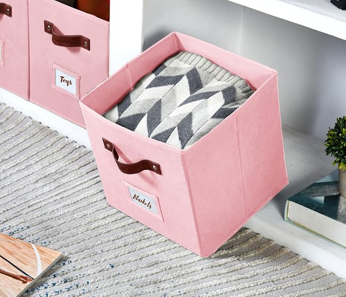 DECOMOMO Storage Bins, Cube Storage Bin with Labels, Fabric Storage Cubes for Shelves (10.5" x 11" / 6pcs, Pink) - Image 9
