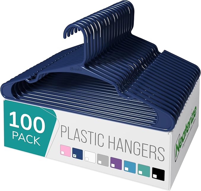 NEATERIZE Clothes Hangers Plastic 100 Pack for Adults - Plastic Hangers, The Perfect Coat Hanger and Space Saving Clothes Hangers for Closet - Navy Blue Hangers by Neaterize